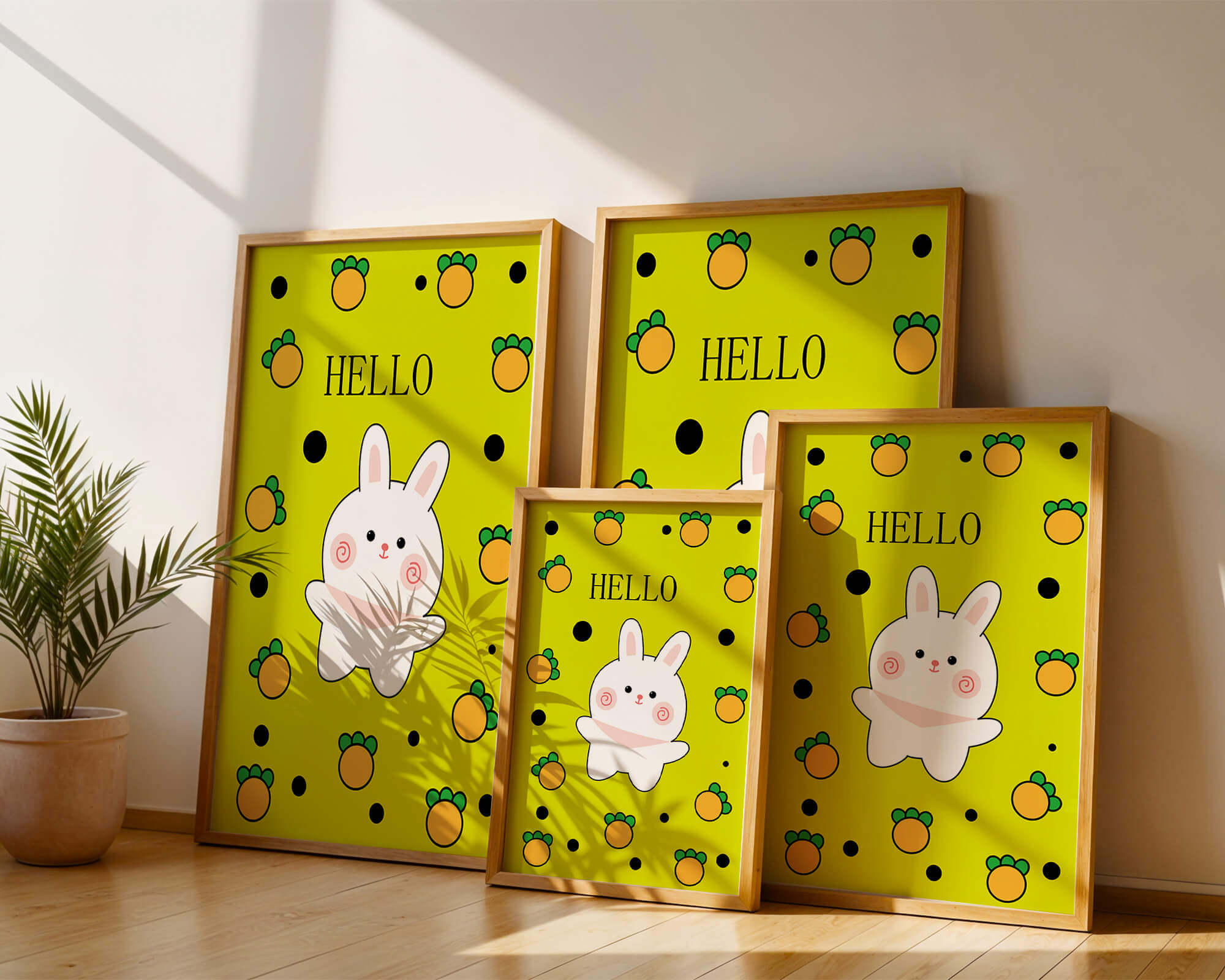 Charming rabbit cartoon illustration on yellow background with orange elements