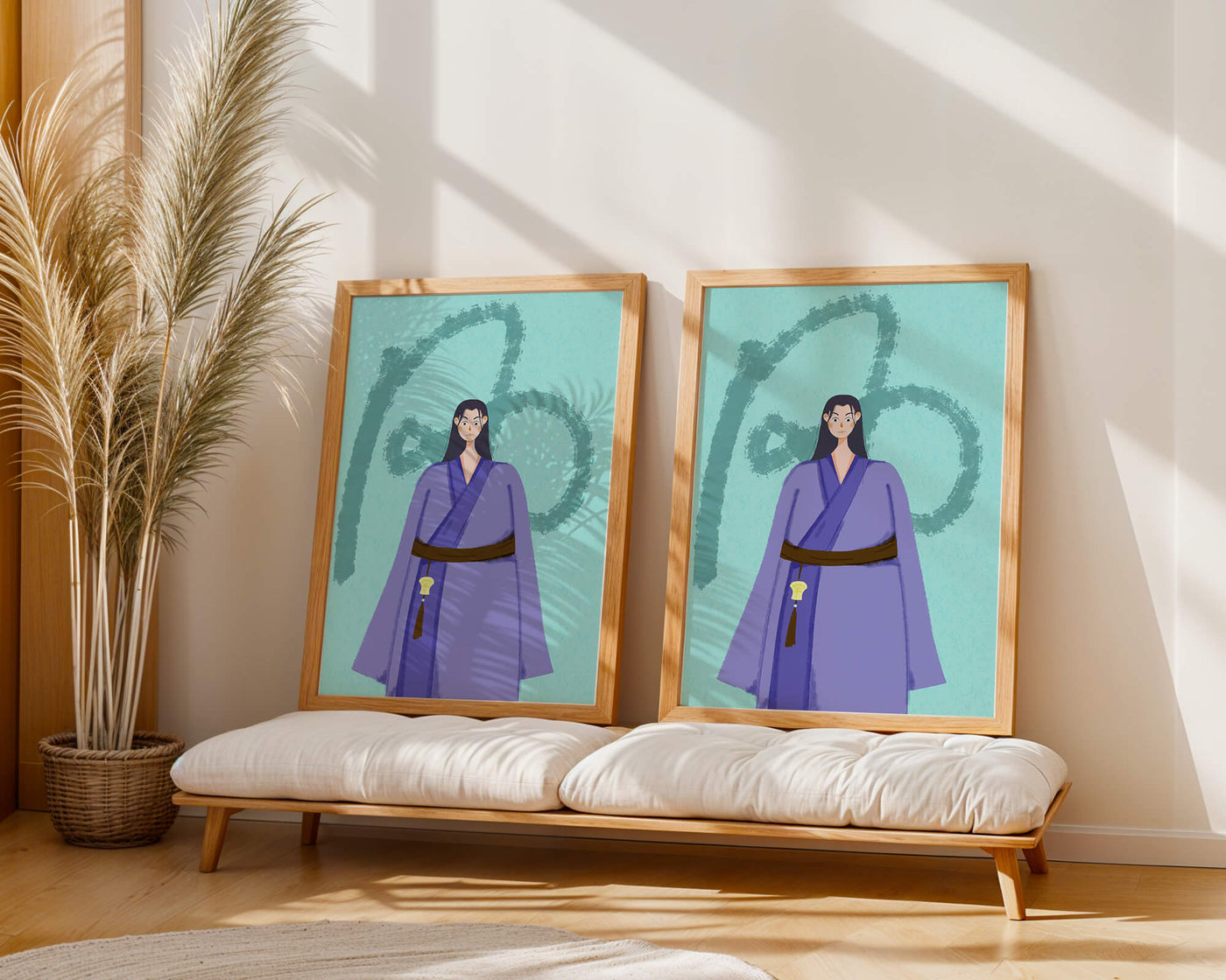 Character in traditional attire on textured background