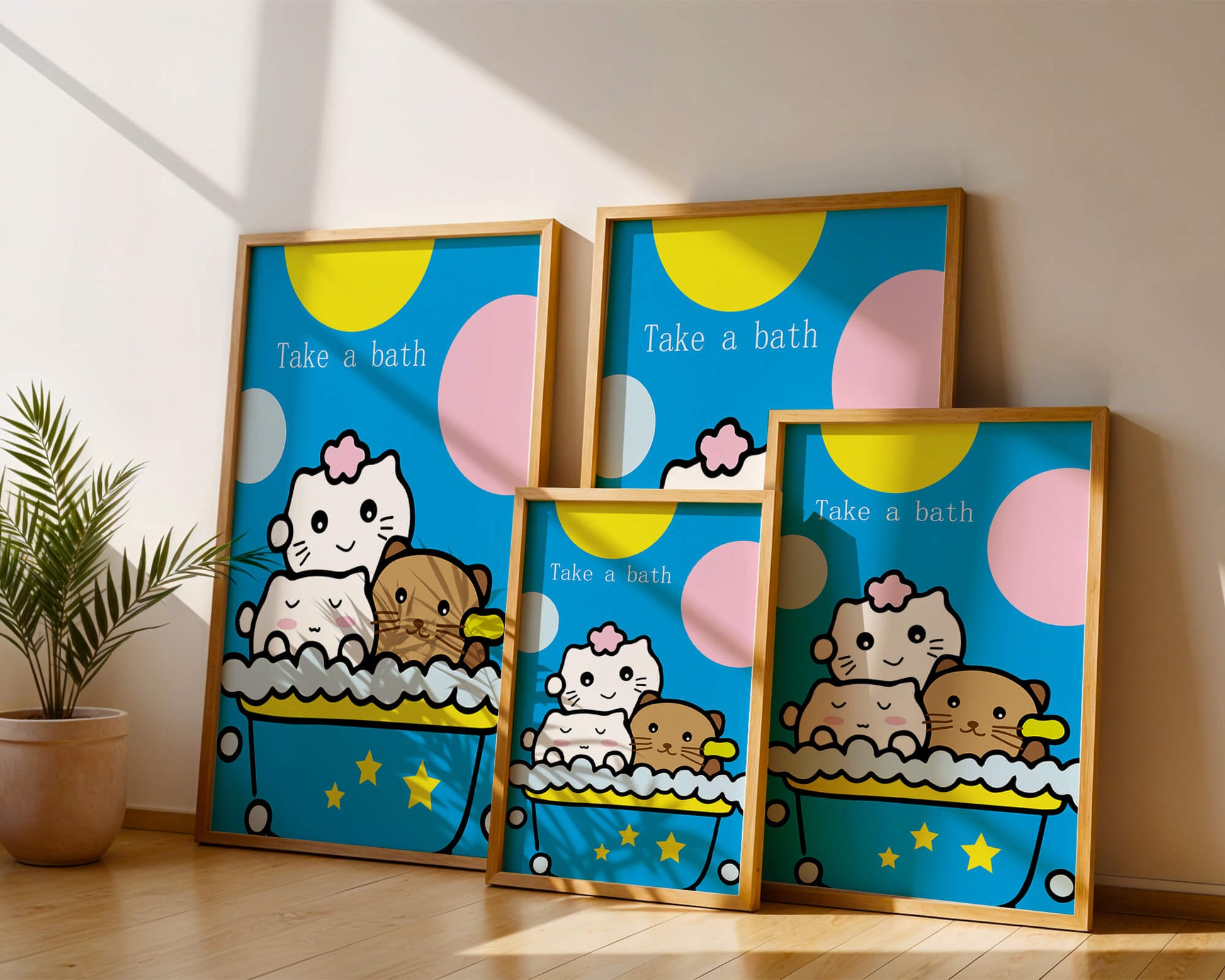 Adorable cartoon characters in a bubble bath with vibrant background