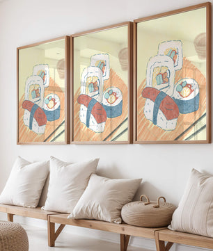 Illustration of assorted sushi on a wooden board