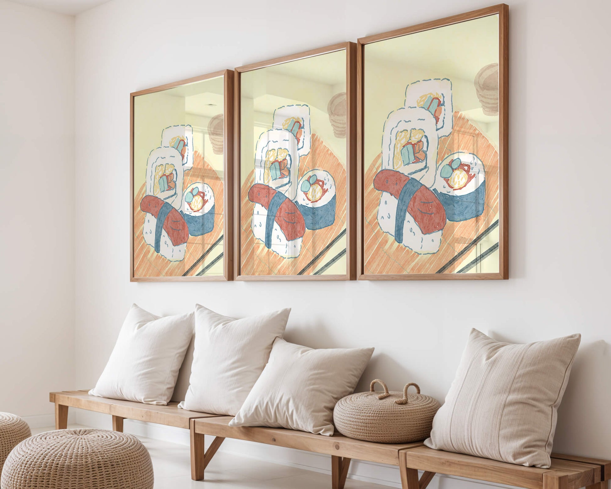 Illustration of assorted sushi on a wooden board