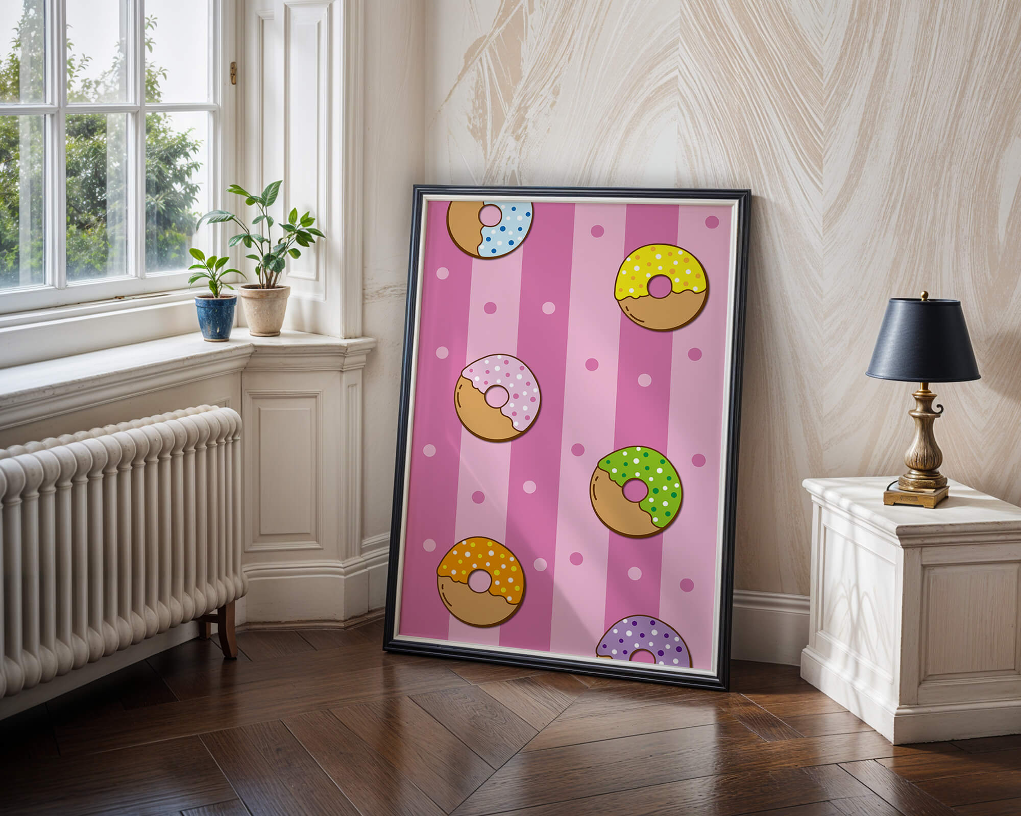 Colorful donut pattern on pink striped background