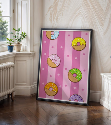 Colorful donut pattern on pink striped background