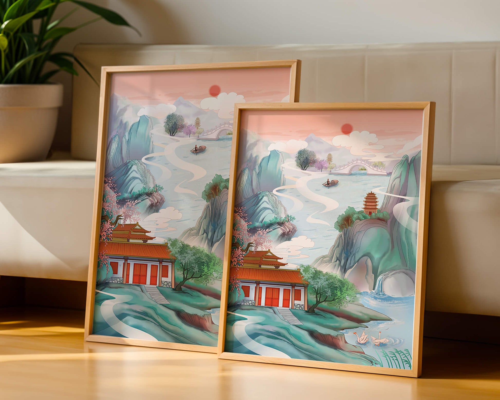 Serene landscape with traditional Asian architecture and nature elements