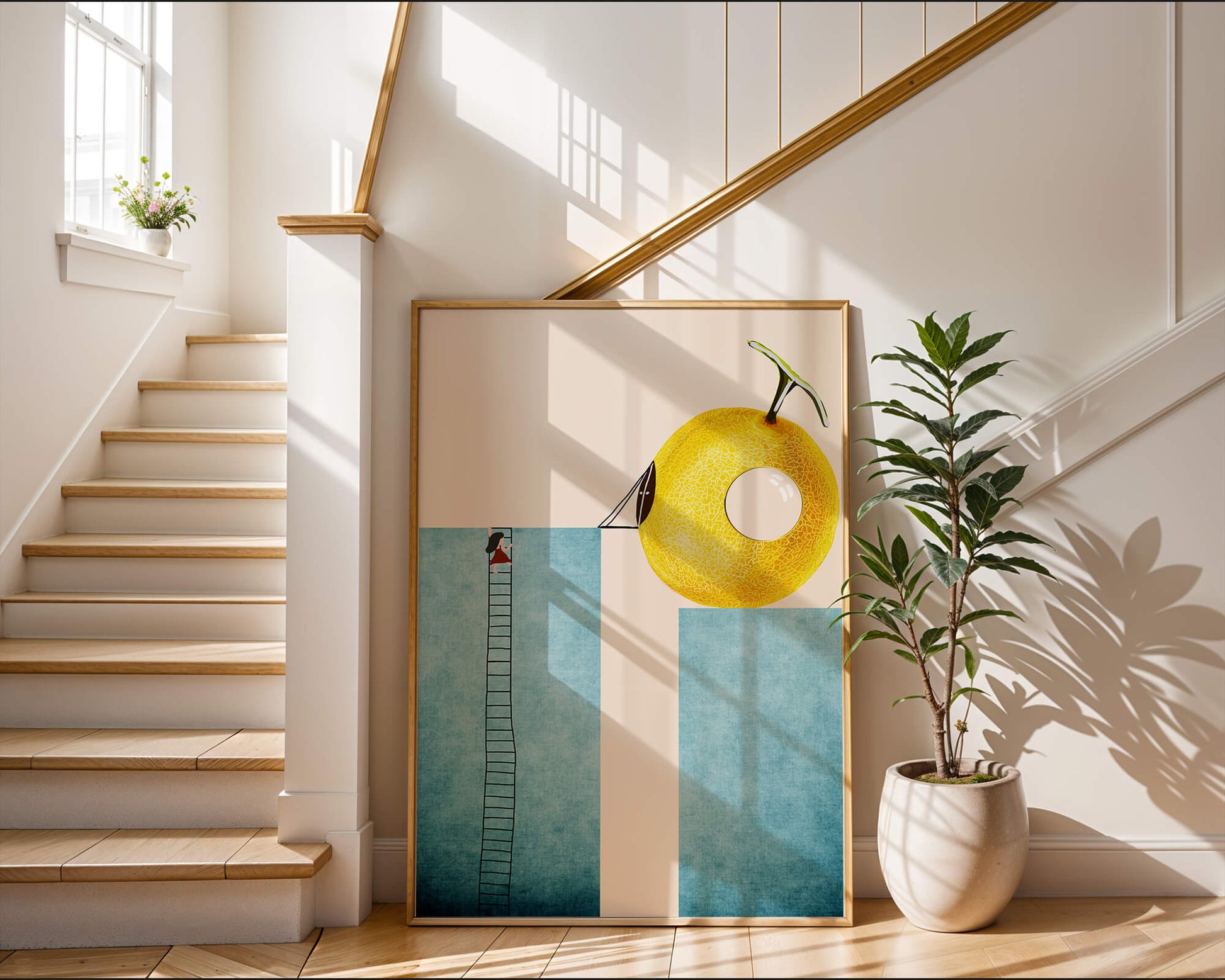 Woman Climbing Ladder towards Giant Yellow Fruit