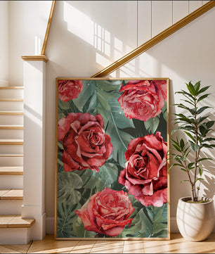 Red roses and green foliage pattern in watercolor style