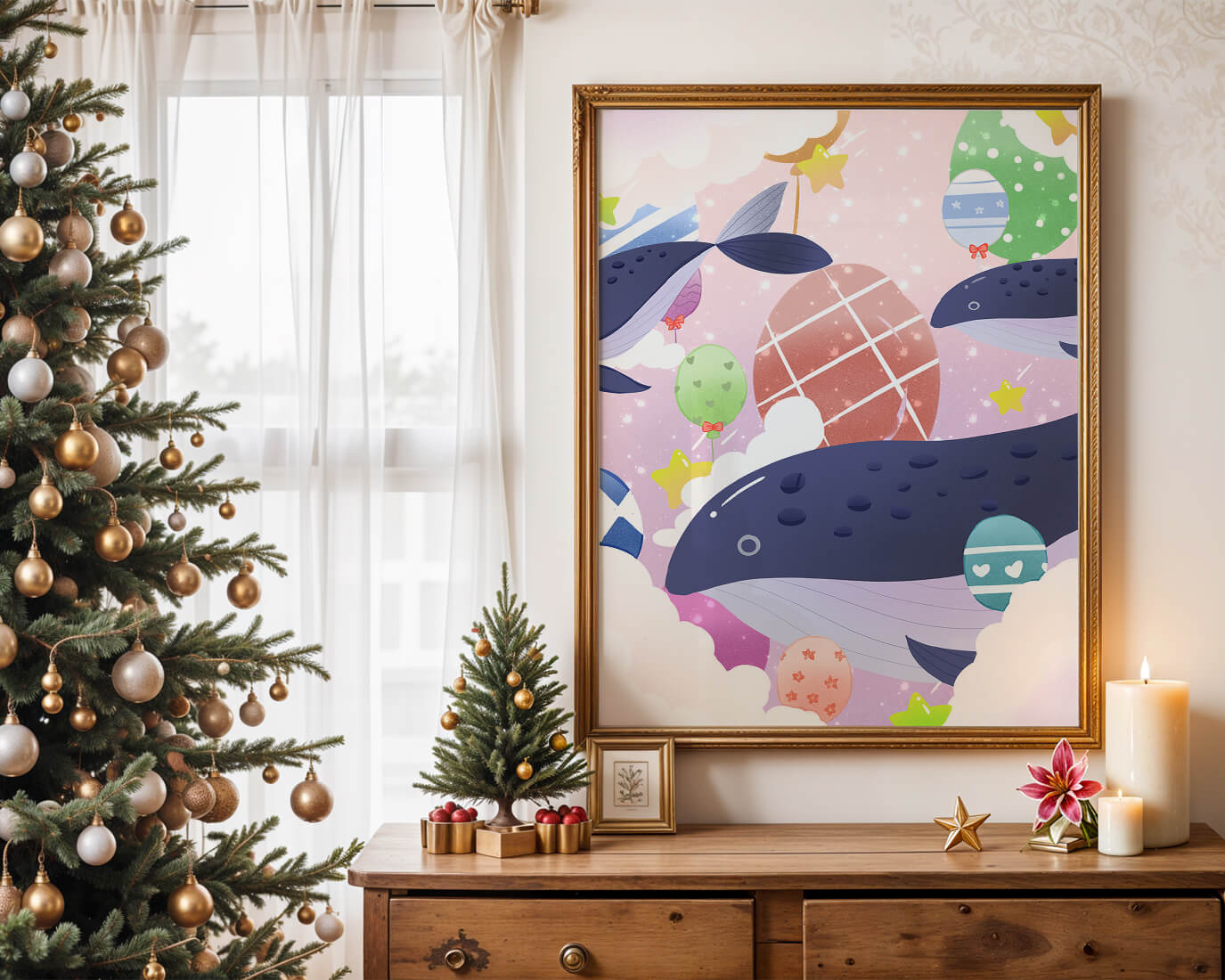 Whimsical illustration of whales and floating stars with colorful eggs