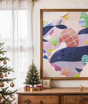 Whimsical illustration of whales and floating stars with colorful eggs