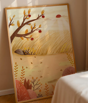 Autumn landscape illustration with apple tree and sunrise in a serene field