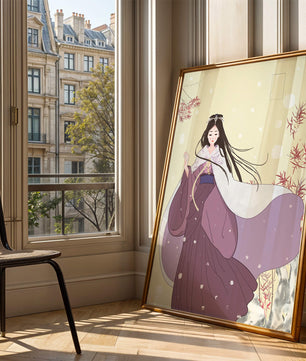 Elegant Woman in Traditional Garment with Snowflakes and Branches