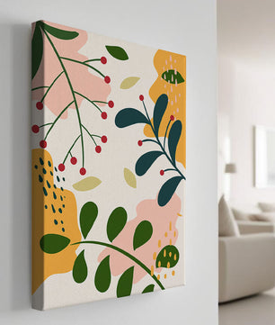 Farbenfrohes abstraktes Blumenmuster mit grünen und gelben Blättern 
