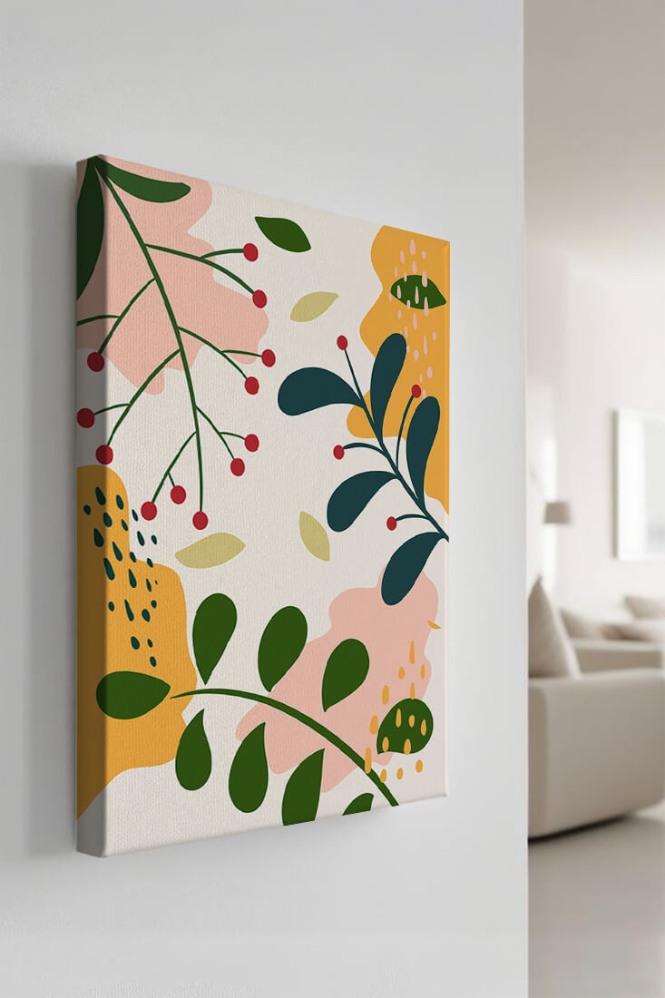 Farbenfrohes abstraktes Blumenmuster mit grünen und gelben Blättern 