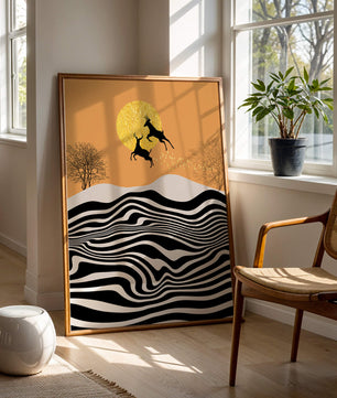 Abstract landscape with jumping deer and golden sun