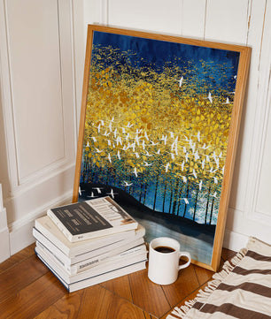 Vibrant Forest Landscape with Birds and Golden Leaves