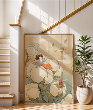 Illustration d'une fille sur des fleurs géantes avec des oiseaux volants et de la nourriture