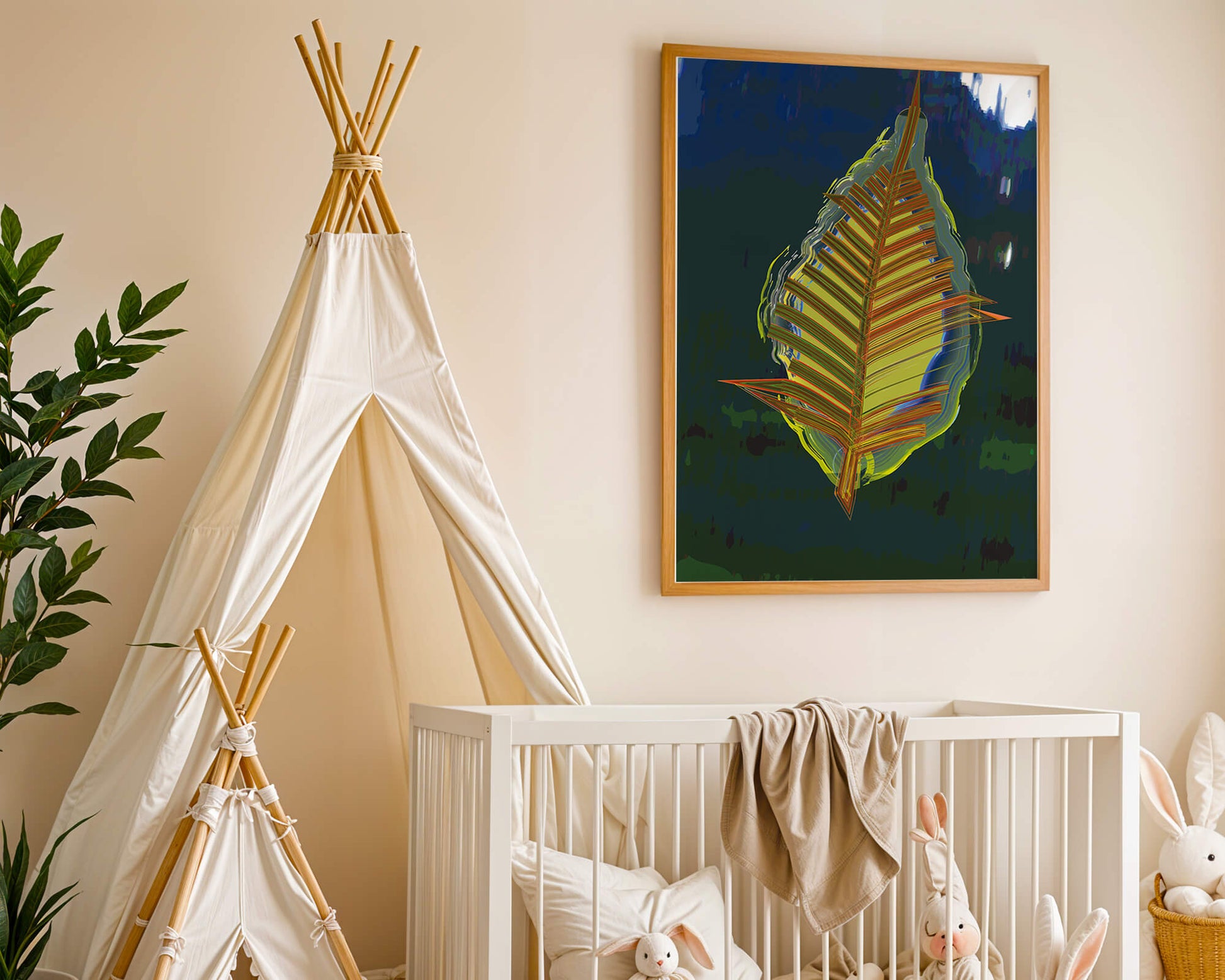Abstract digital artwork featuring a vibrant multicolored leaf