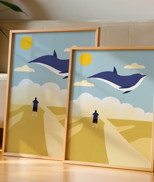 Surreal Landscape with Flying Blue Whale and Human on Desert Path