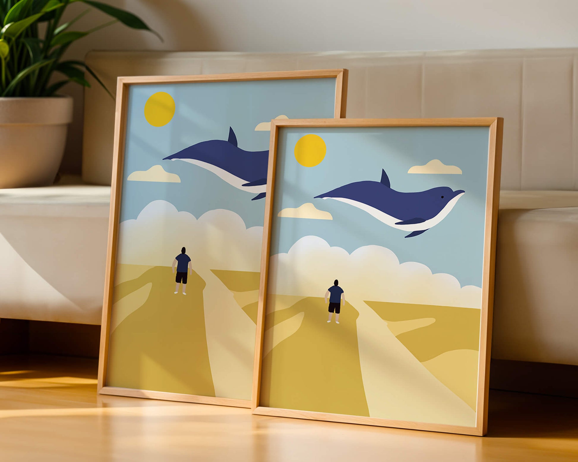 Paisaje surrealista con ballena azul voladora y humano en camino desértico