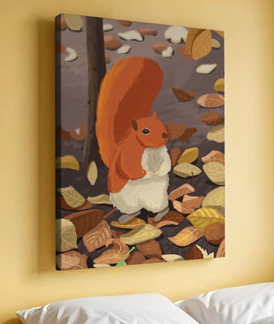 Ilustración de una ardilla adorable entre hojas de otoño