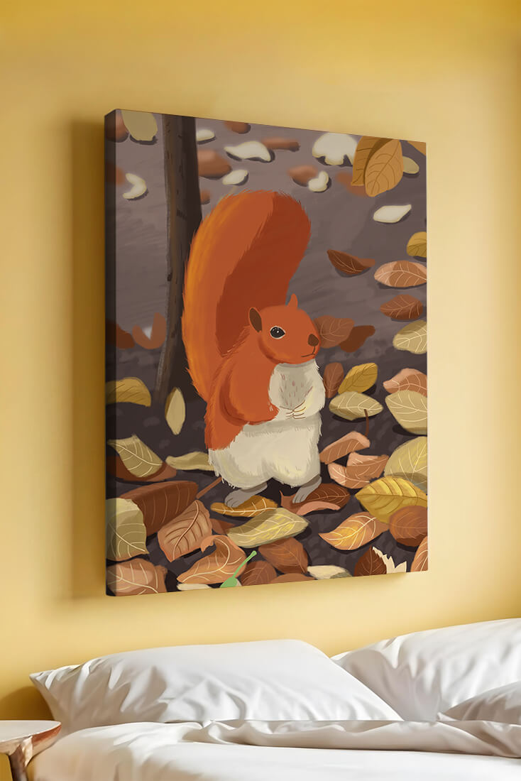 Illustration of a cute squirrel among autumn leaves
