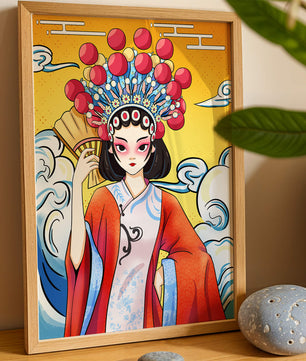 Eine elegante Darstellung asiatischer Kunst mit traditioneller Kleidung und kunstvollem Kopfschmuck