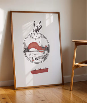 Ilustración de una ballena dentro de una pecera con una regla rosa