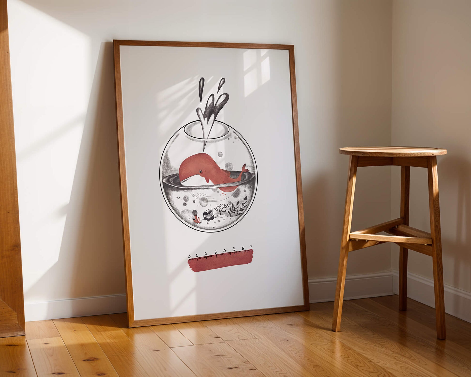 Illustration of a whale inside a fishbowl with a pink ruler