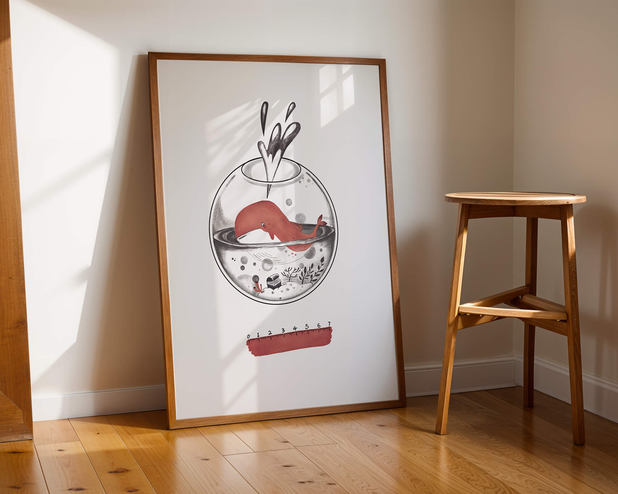 Illustration of a whale inside a fishbowl with a pink ruler