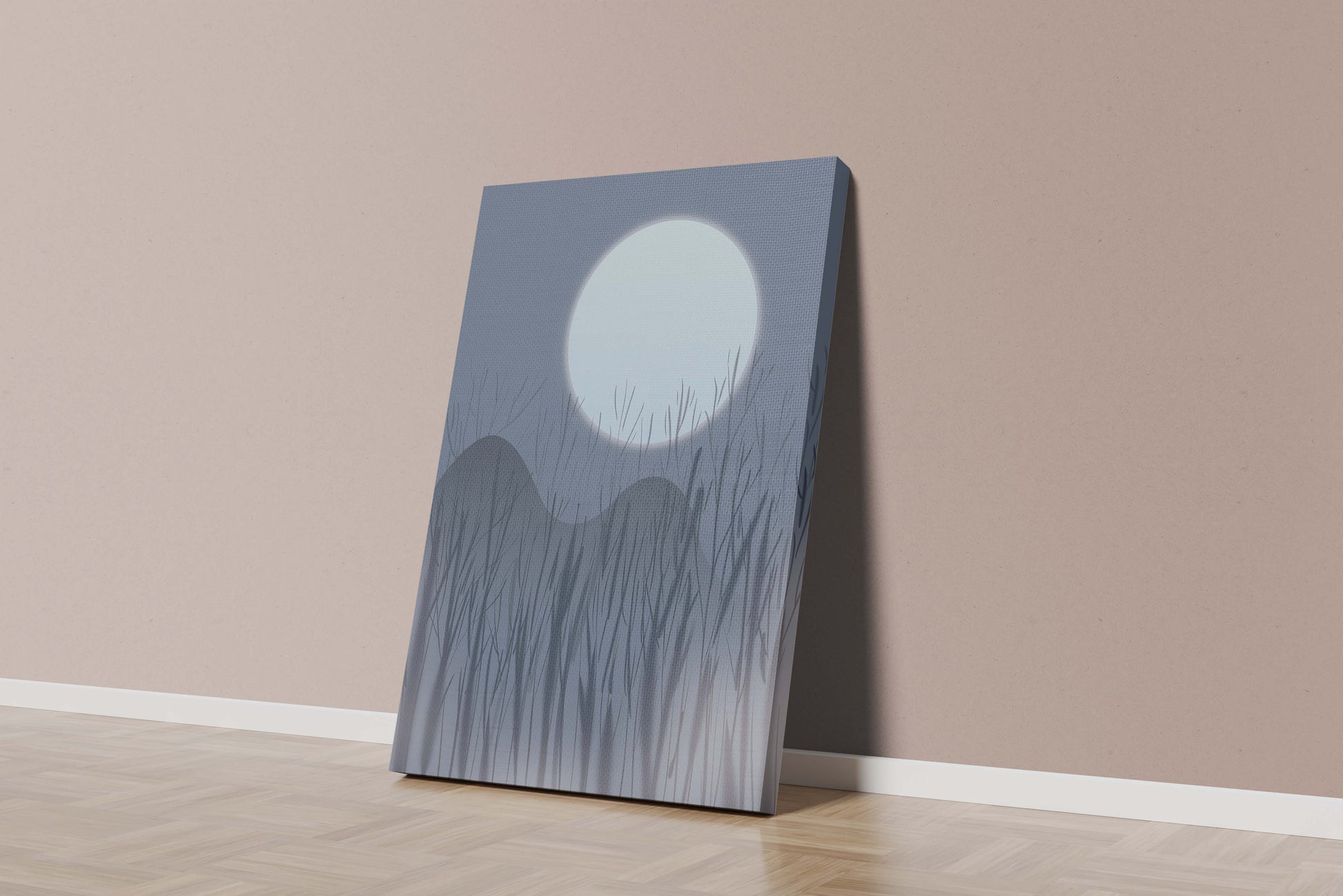 Ruhige Nachtlandschaft mit Vollmond und kahlen Bäumen