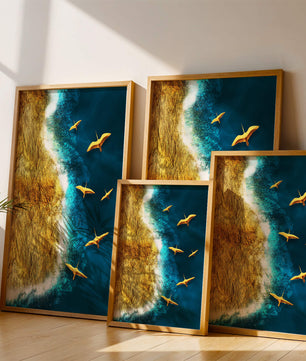 Golden beach landscape with vibrant ocean and flying seabirds