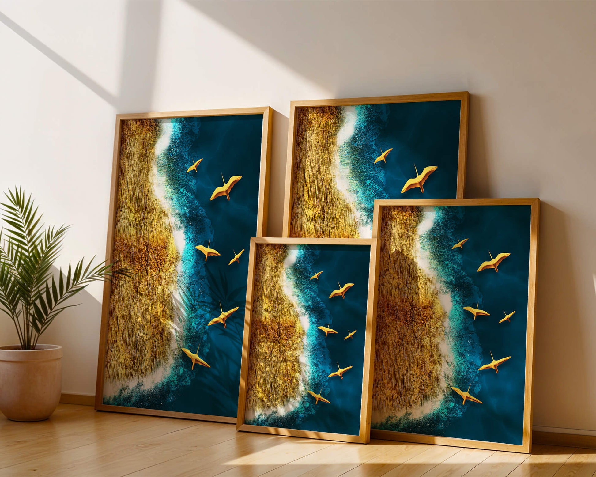 Golden beach landscape with vibrant ocean and flying seabirds