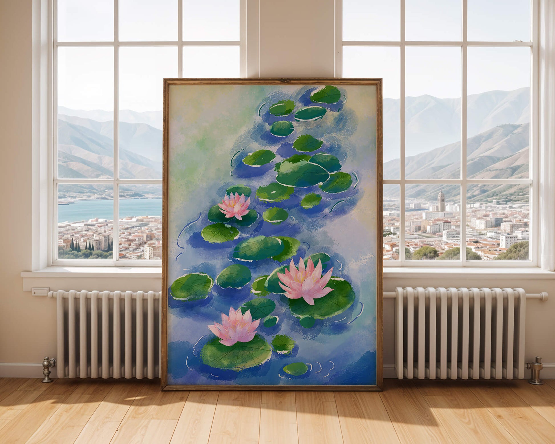 Escena acuática serena con flores de loto rosadas y nenúfares sobre una superficie de agua tranquila.