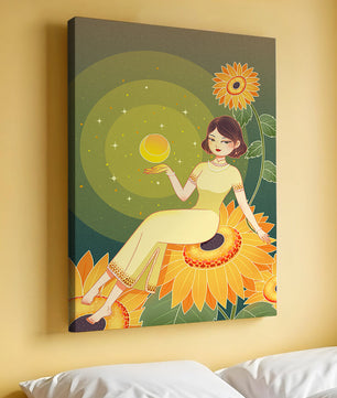 Elegant woman sitting on sunflowers in a celestial scene