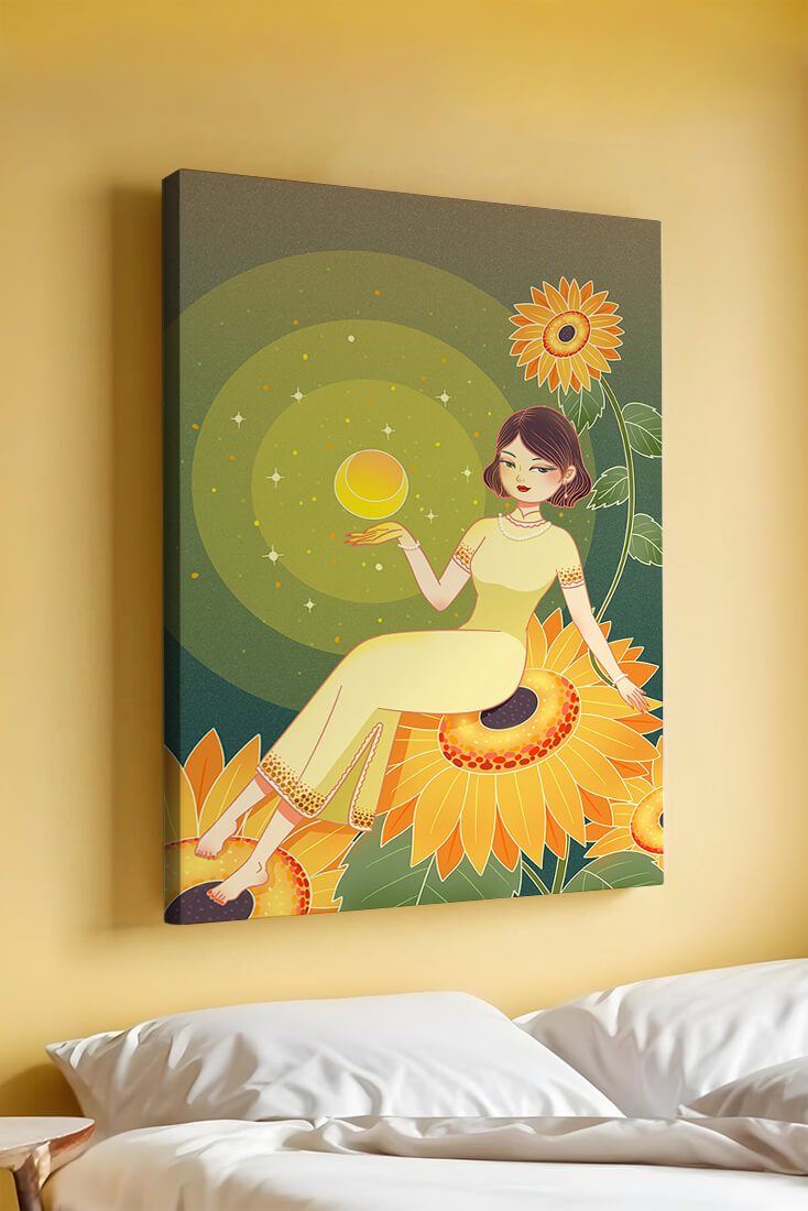 Elegant woman sitting on sunflowers in a celestial scene