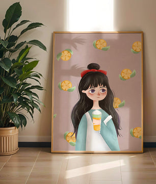 Illustration of a girl with a beverage surrounded by citrus slices