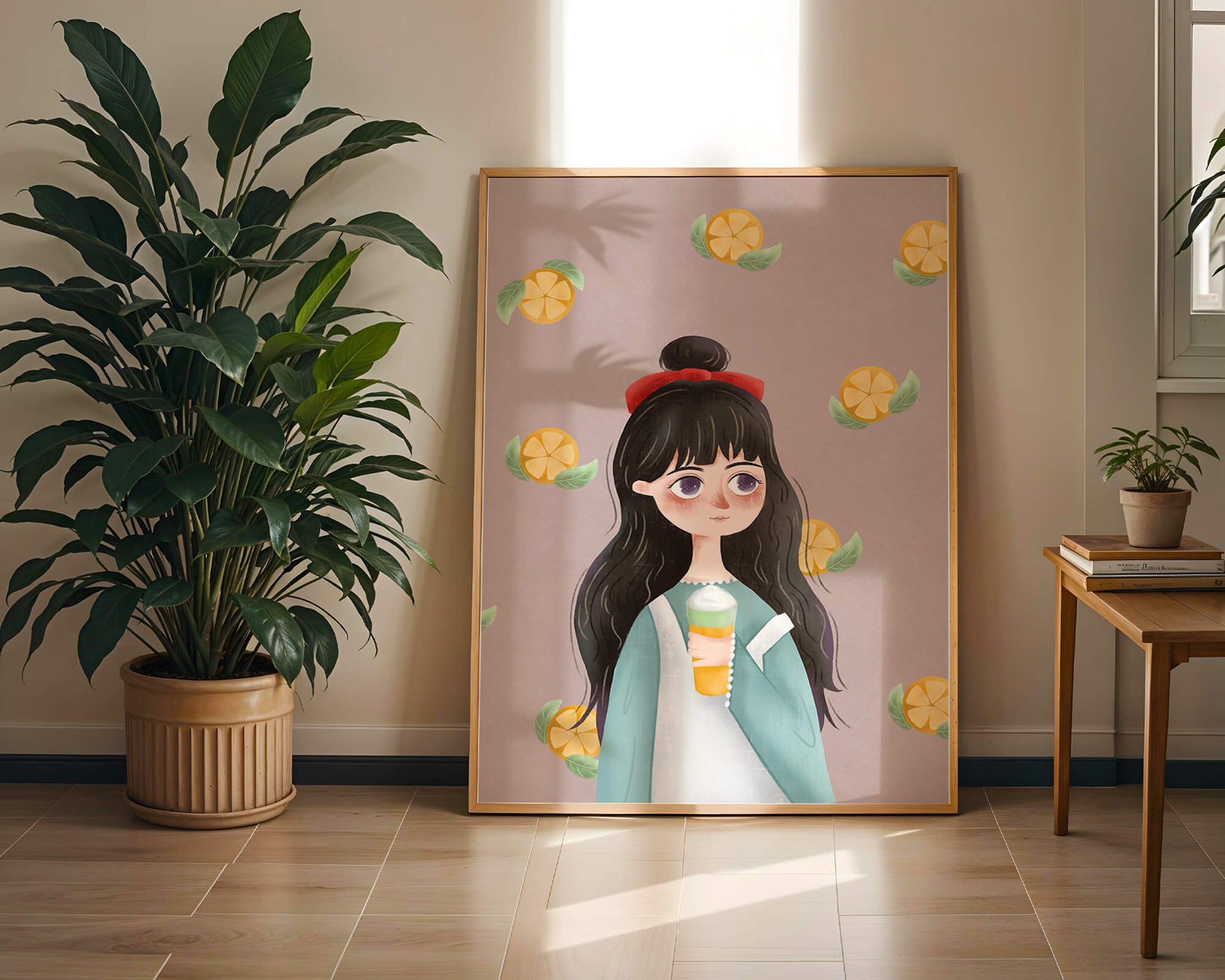 Illustration of a girl with a beverage surrounded by citrus slices