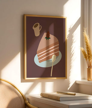 Ilustración de una porción de pastel con fresa y café
