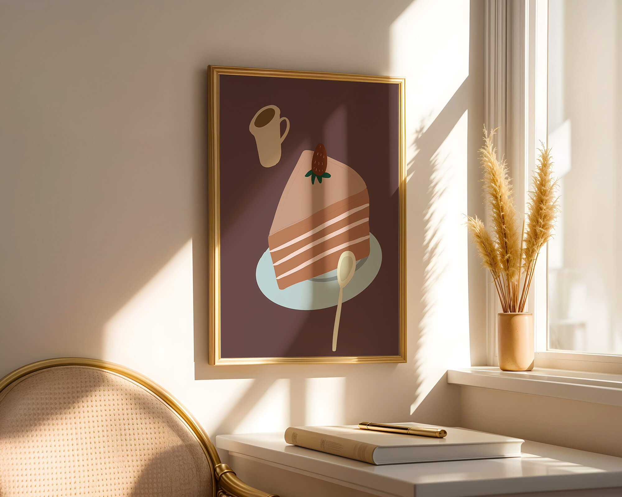 Illustration of a cake slice with strawberry and coffee