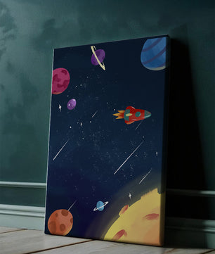 Farbenfrohes Weltraumabenteuer mit Planeten und Raketenillustration