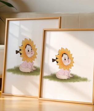 Adorable child with sunflower costume sitting on a grassy patch