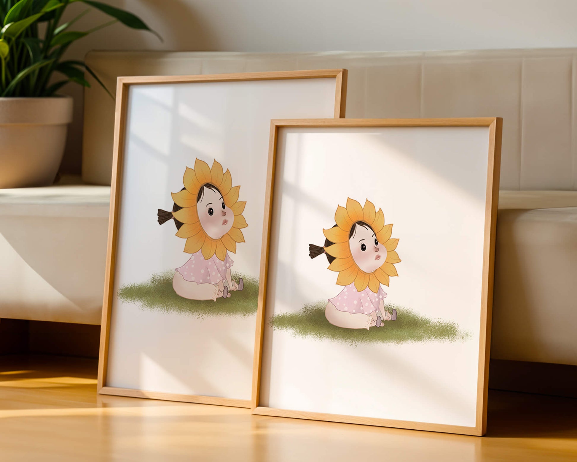 Adorable child with sunflower costume sitting on a grassy patch