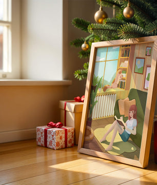 Cozy Living Room with a Reading Girl and Cat by the Window
