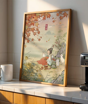Traditional Chinese painting with autumn scenery and lady sipping tea