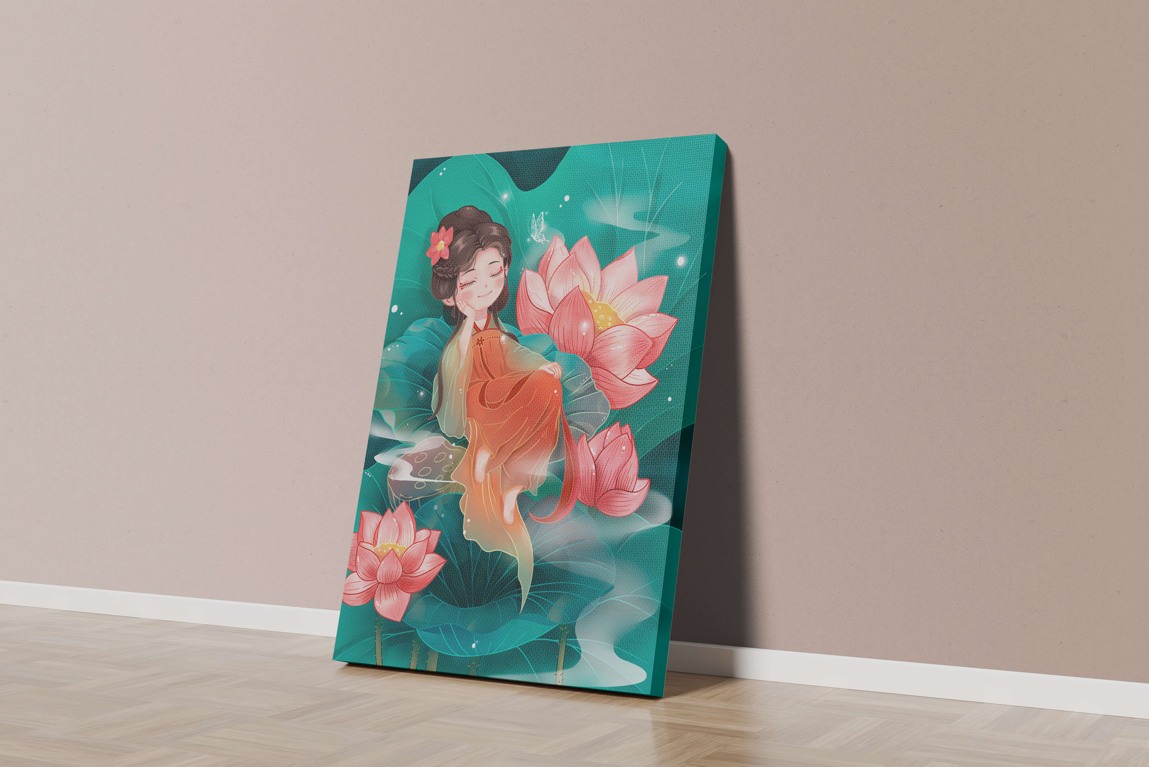 Charming illustration of a girl resting amidst lotus flowers