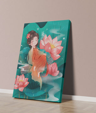 Charmante illustration d'une fille se reposant parmi des fleurs de lotus