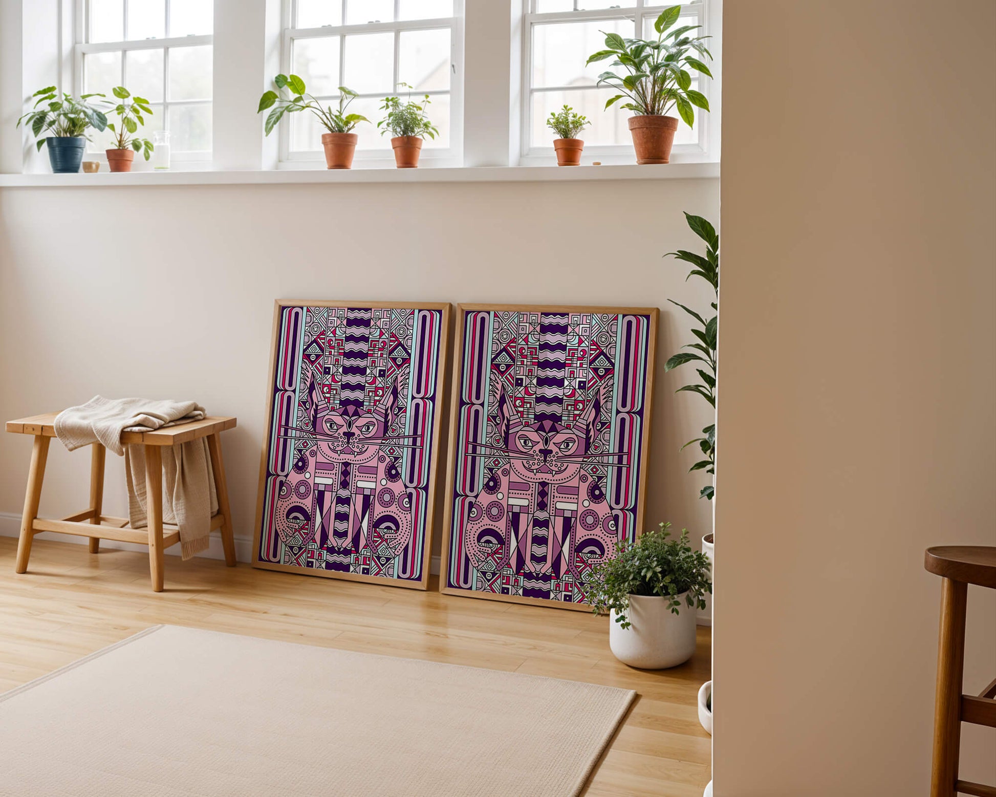 Art de chat géométrique coloré avec motifs abstraits en tons pastel