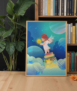 Enchanting angel collecting stars in a dreamy night sky