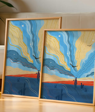 Paisaje abstracto colorido con figura y pájaros