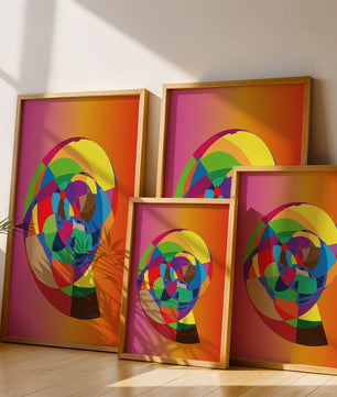 Vibrant abstract geometric shape with multicolored spiral on gradient background