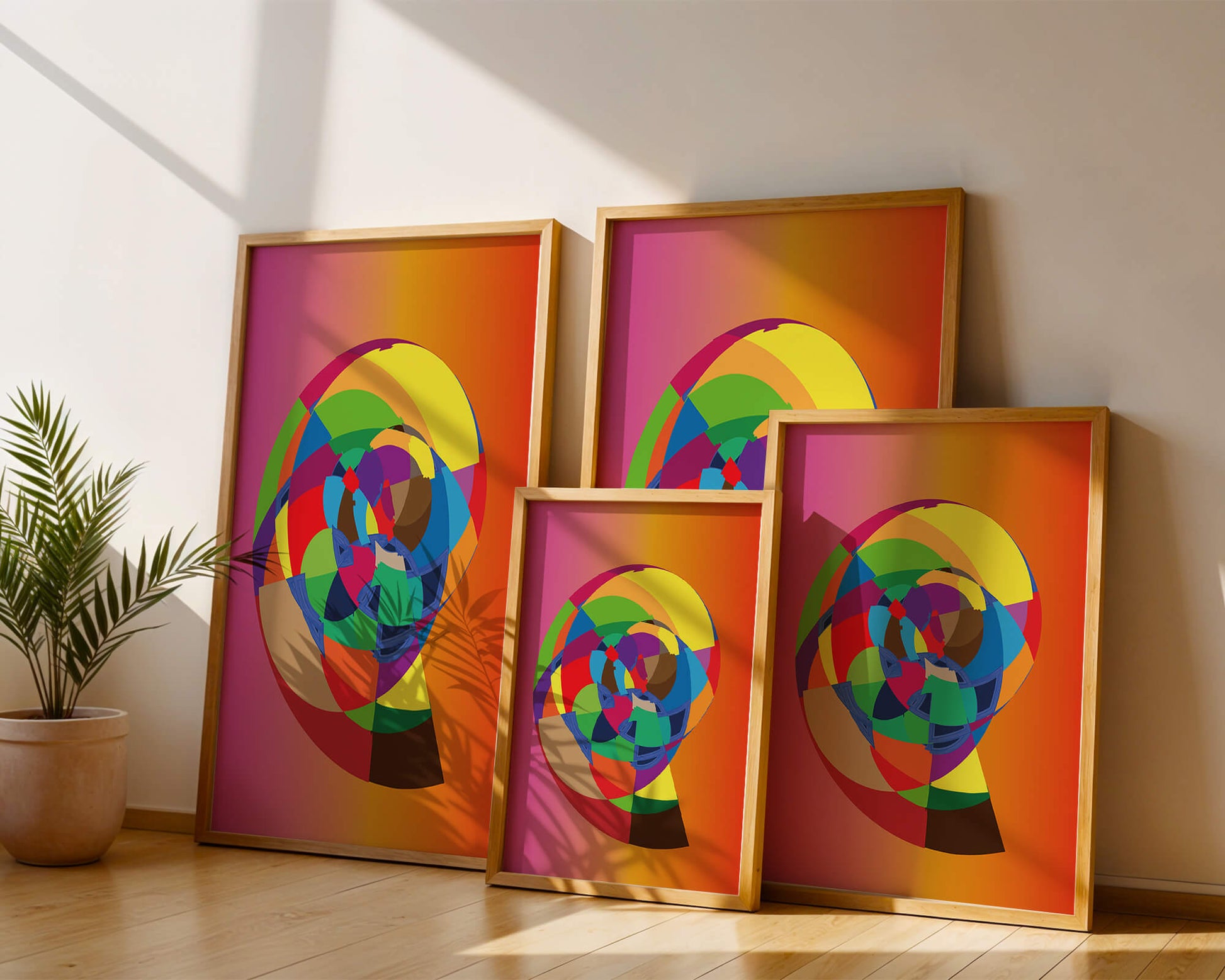 Vibrant abstract geometric shape with multicolored spiral on gradient background